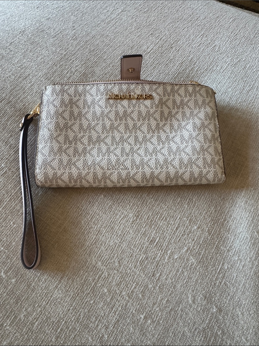 Michael Kors Cream MK Logo Wristlet with Gold Hardware